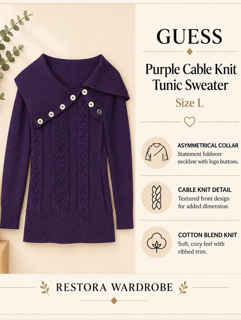 Guess Tunic Sweater Asymmetrical Collar Purple Cable Knit Cozy L